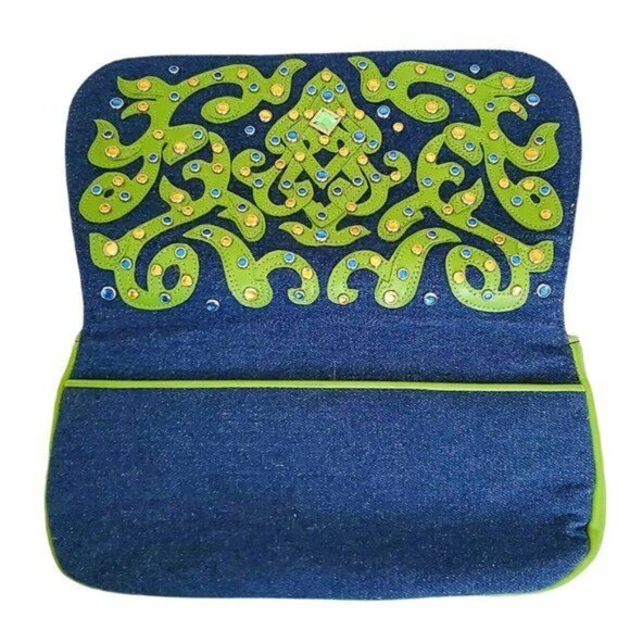 Bueno Gemstone Embellished Blue Green Denim Fabric Purse Tote Shoulder Bag - Picture 4 of 13